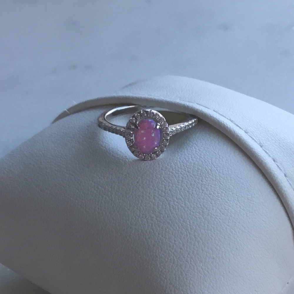 Sterling Pink Lab Opal and Clear CZ Oval Halo Ring - Picture 13 of 16